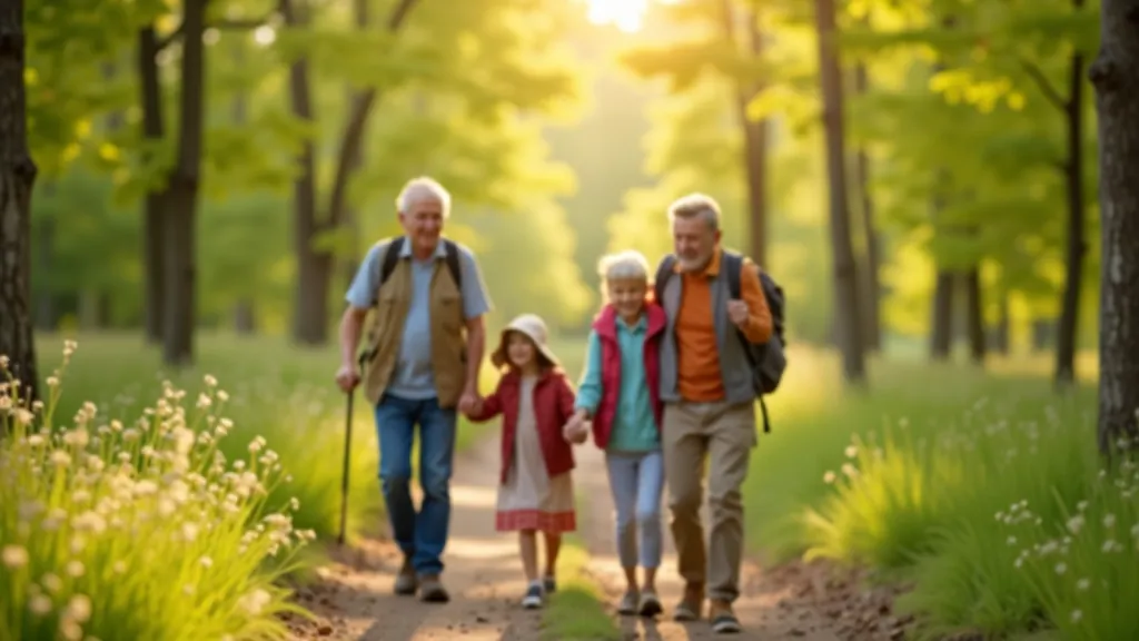 Multigenerāciju ģimene baudē mājaskundzības taku dabas vietā