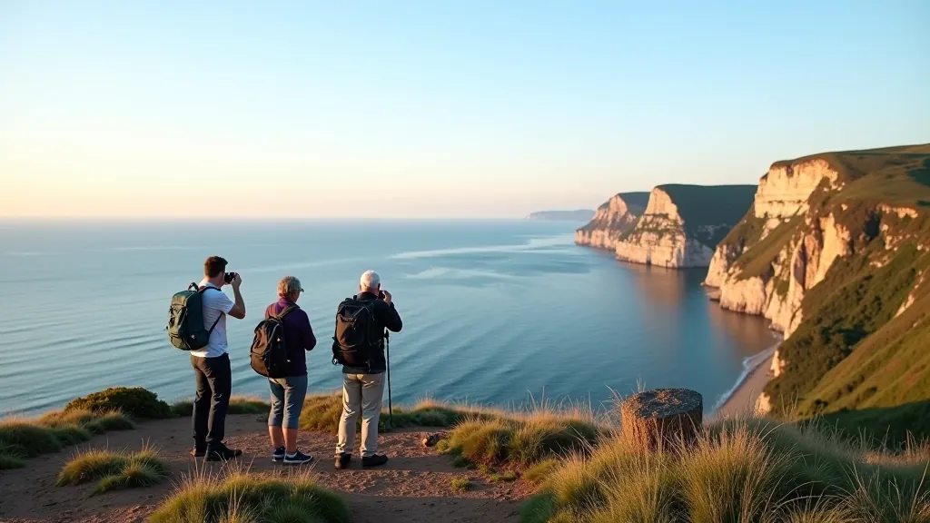Skaļo skatienu punkts ar cilvēkiem, kas fotografē jūru, stāvu nogāzes, zils debess, plaša jūras panorāma